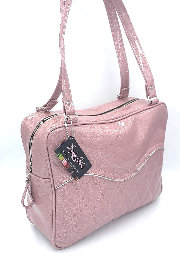 Diamond Pleat Tuck and Roll Business Bag Blush Pink Glitter Vinyl Leopard Lining