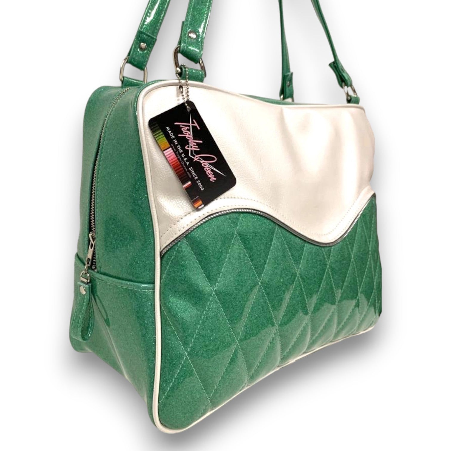 Diamond Tuck and Roll Overnight Bag Sea Foam Green Glitter Pearl White Leopard Lining