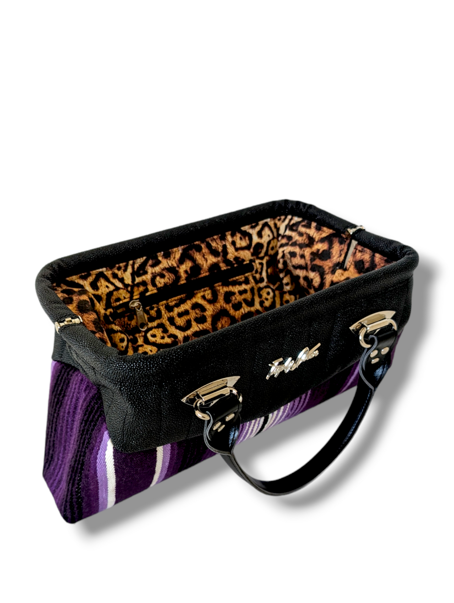 Lucille Handbag - Purple Mex / Black Stingray - Leopard Lining