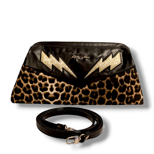 Lucille TCB Clutch Bag - Vintage Black Vinyl with Gold Bolts / Leopard - Leopard Lining