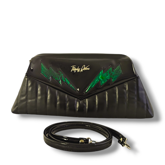 Lucille TCB Clutch Bag - Vintage Black Vinyl with Green Python Bolts / Leopard - Leopard Lining