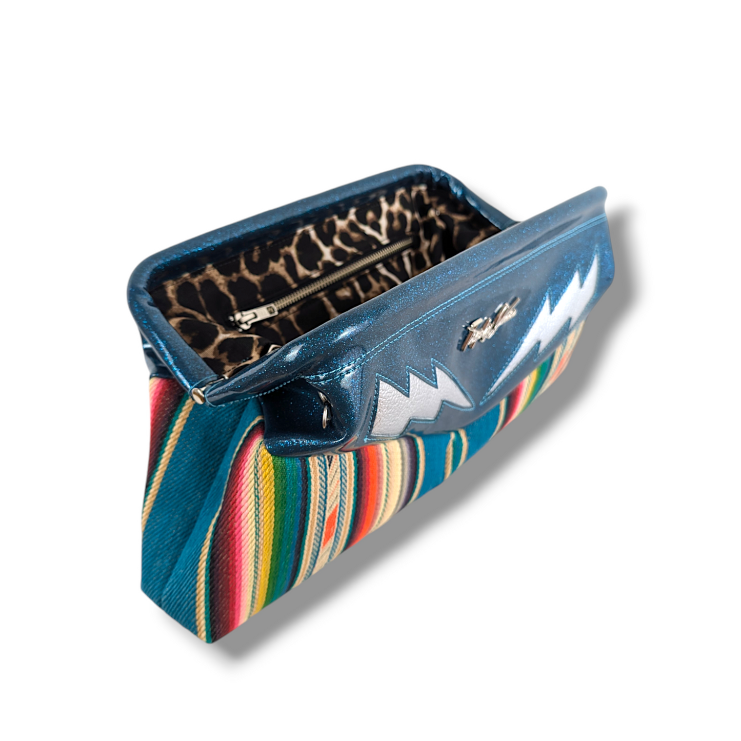 Lucille TCB Clutch Bag - Serape & Teal Glitter - Leopard Lining