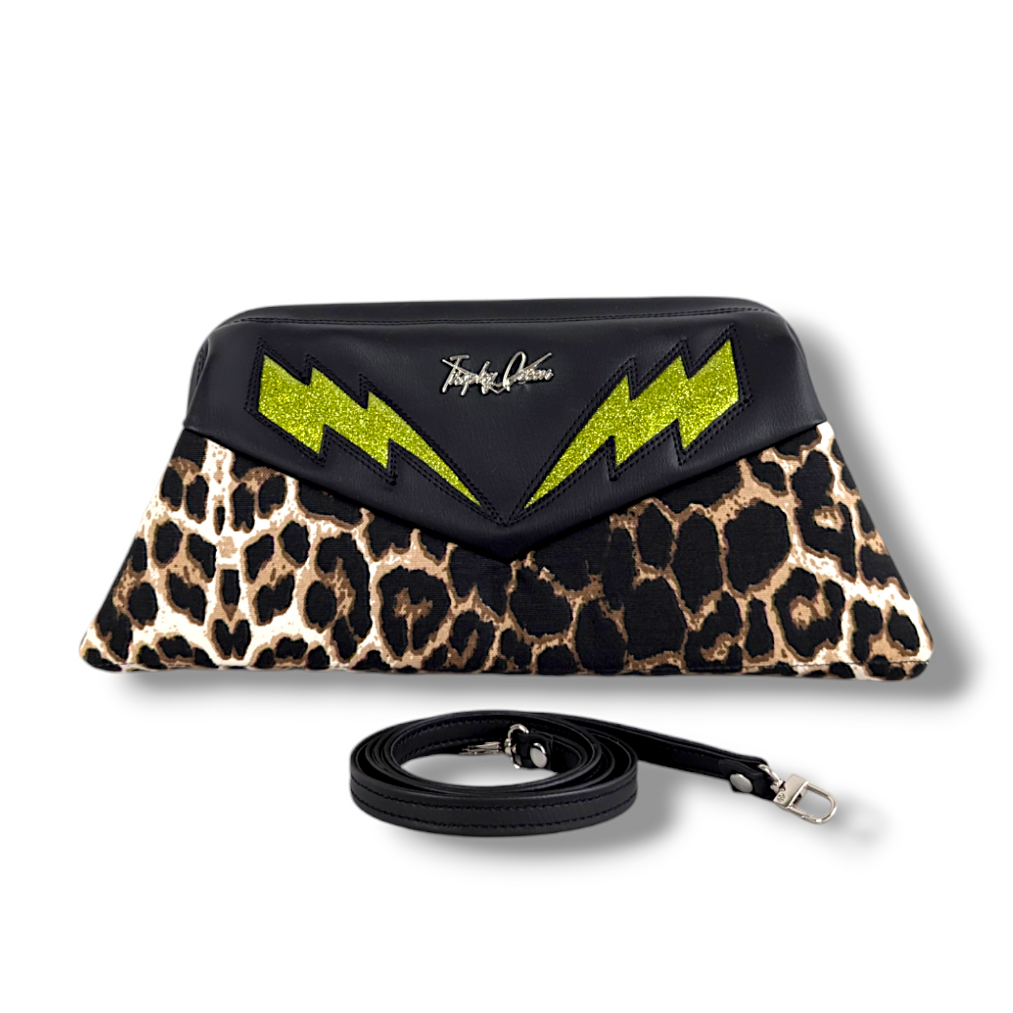 Lucille TCB Clutch Bag - Vintage Black Vinyl with Lime Bolts / Leopard - Leopard Lining