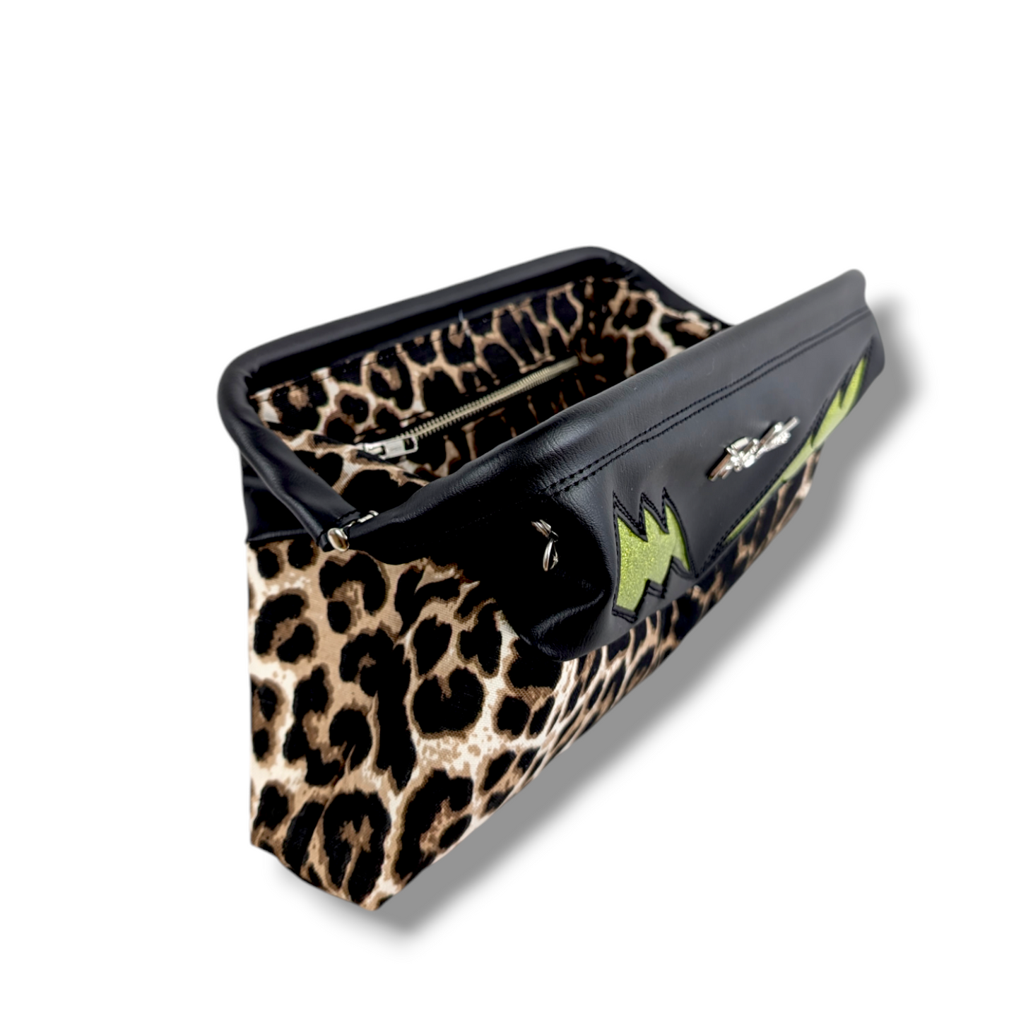 Lucille TCB Clutch Bag - Vintage Black Vinyl with Lime Bolts / Leopard - Leopard Lining