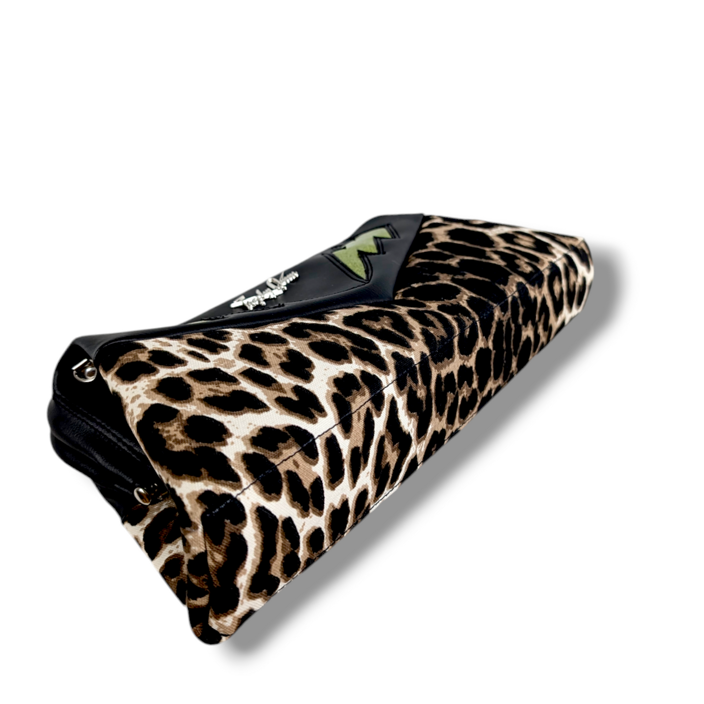 Lucille TCB Clutch Bag - Vintage Black Vinyl with Lime Bolts / Leopard - Leopard Lining