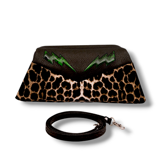 Lucille TCB Clutch Bag - Black Ice with Green Python Bolts / Leopard - Leopard Lining