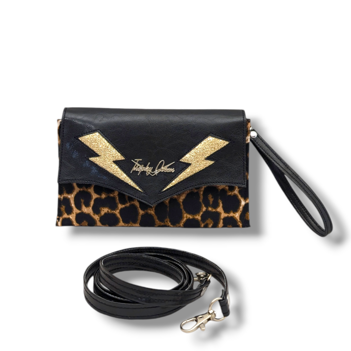 Marilyn TCB Clutch - Vintage Black with Gold Bolts / Leopard Canvas