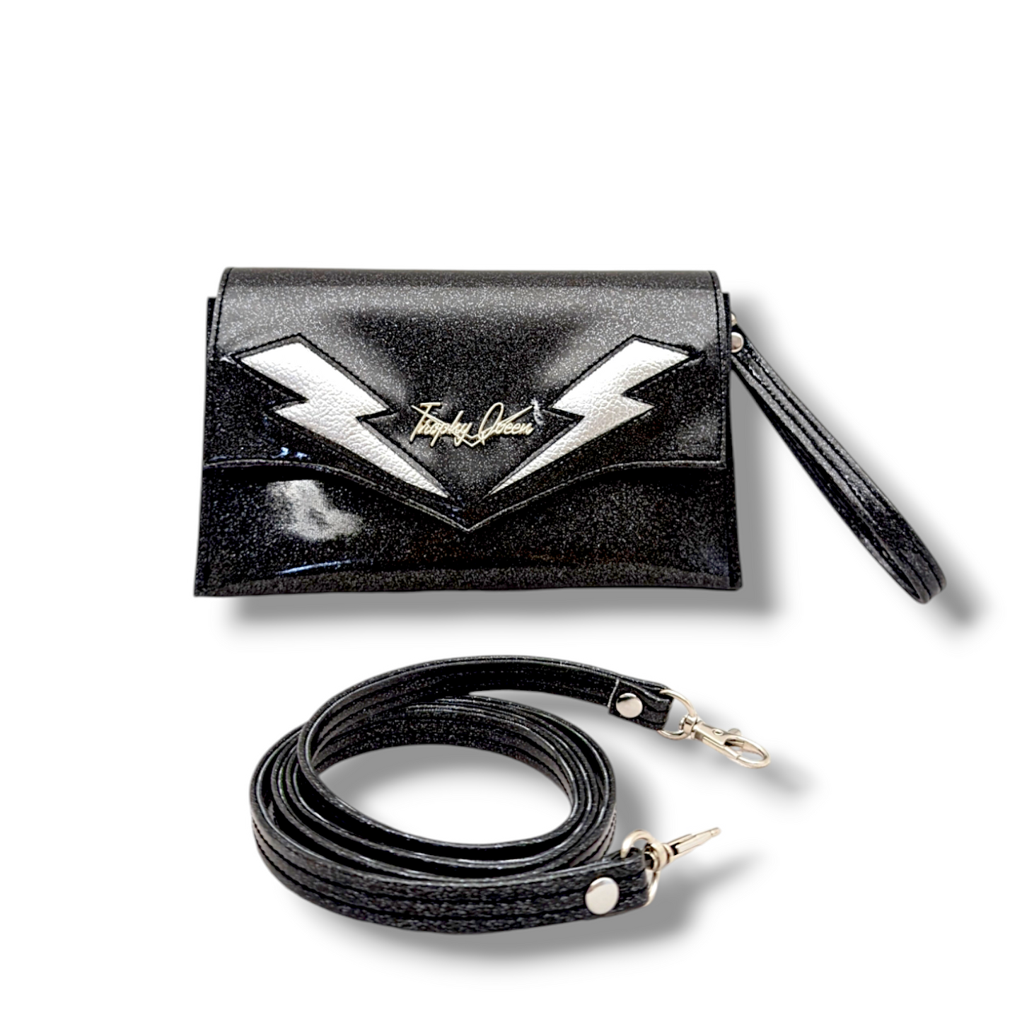 Marilyn TCB Clutch - Coal Black with Silver Bolts / Leopard Canvas Lining