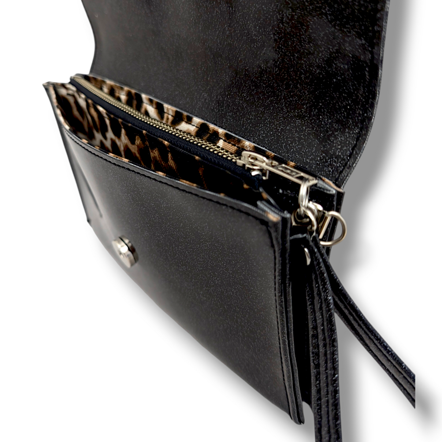 Marilyn TCB Clutch - Coal Black with Silver Bolts / Leopard Canvas Lining