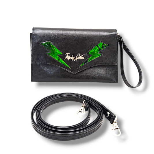 Marilyn TCB Clutch - Vintage Black with Green Python Bolts / Leopard Canvas Lining