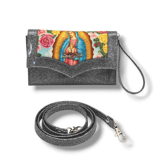 Marilyn Clutch - Virgin Mary with Gray Glitter / Leopard Canvas Lining