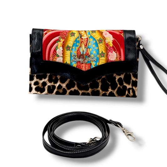 Marilyn Clutch - Virgin Mary with Leopard & Vintage Black / Leopard Canvas Lining