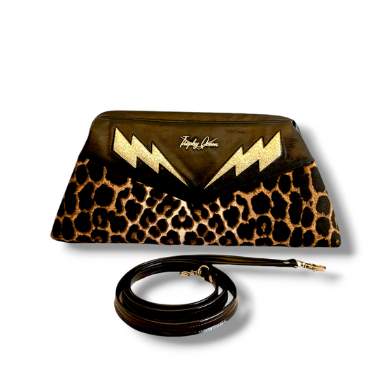 Lucille TCB Clutch Bag - Vintage Black Vinyl with Gold Bolts / Leopard - Leopard Lining