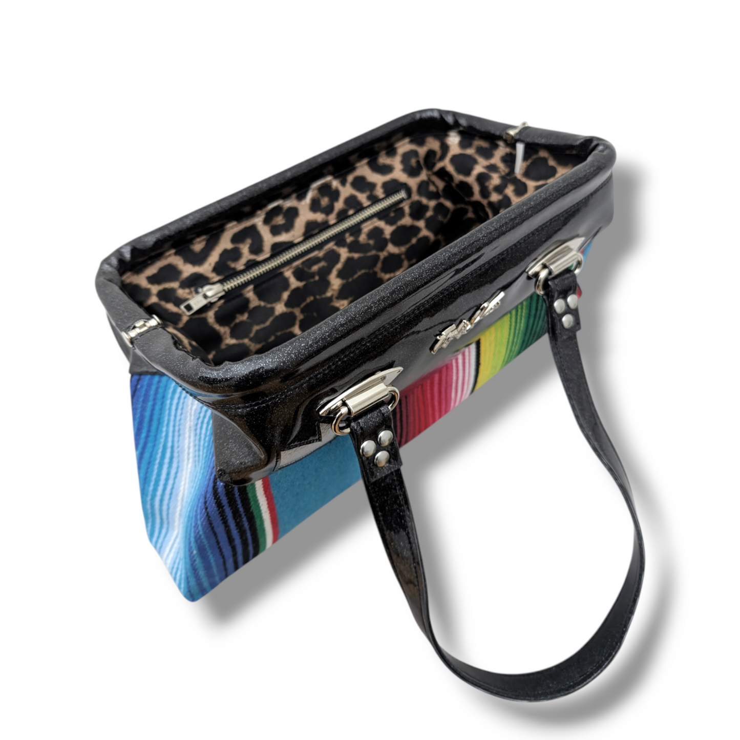 Lucille TCB Handbag - Turq Mex & Coal Black Glitter - Leopard Lining