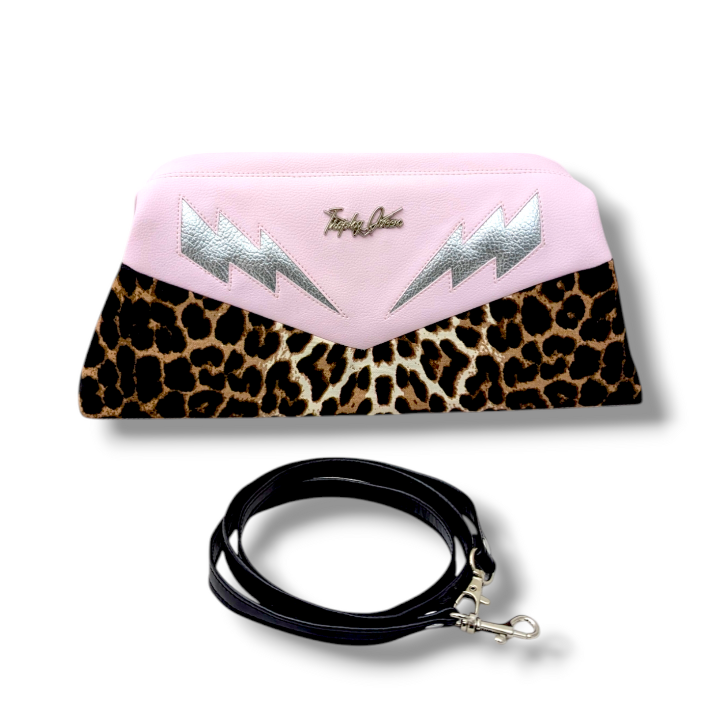 Lucille TCB Clutch Bag - Powder Pink with Silver Bolts / Leopard - Leopard Lining