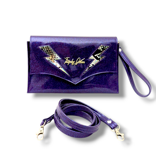 Marilyn TCB Clutch - Deep Purple Glitter with Python Bolts / Leopard Canvas Lining