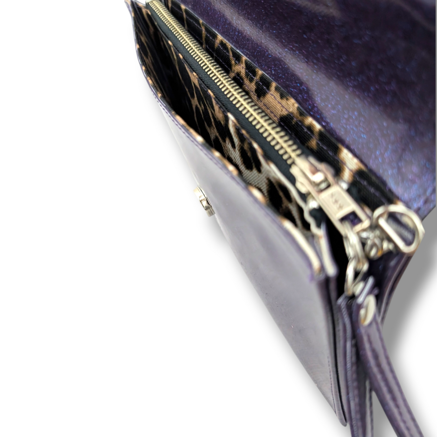 Marilyn TCB Clutch - Deep Purple Glitter with Python Bolts / Leopard Canvas Lining