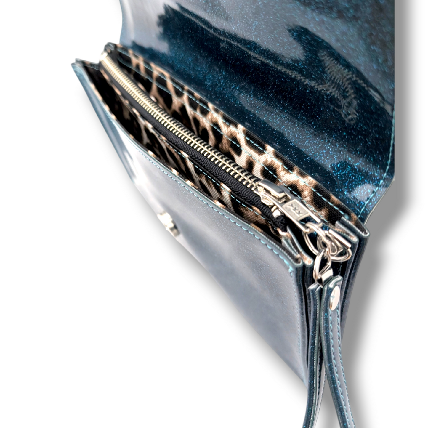 Marilyn Clutch - Teal Glitter / Leopard Canvas Lining