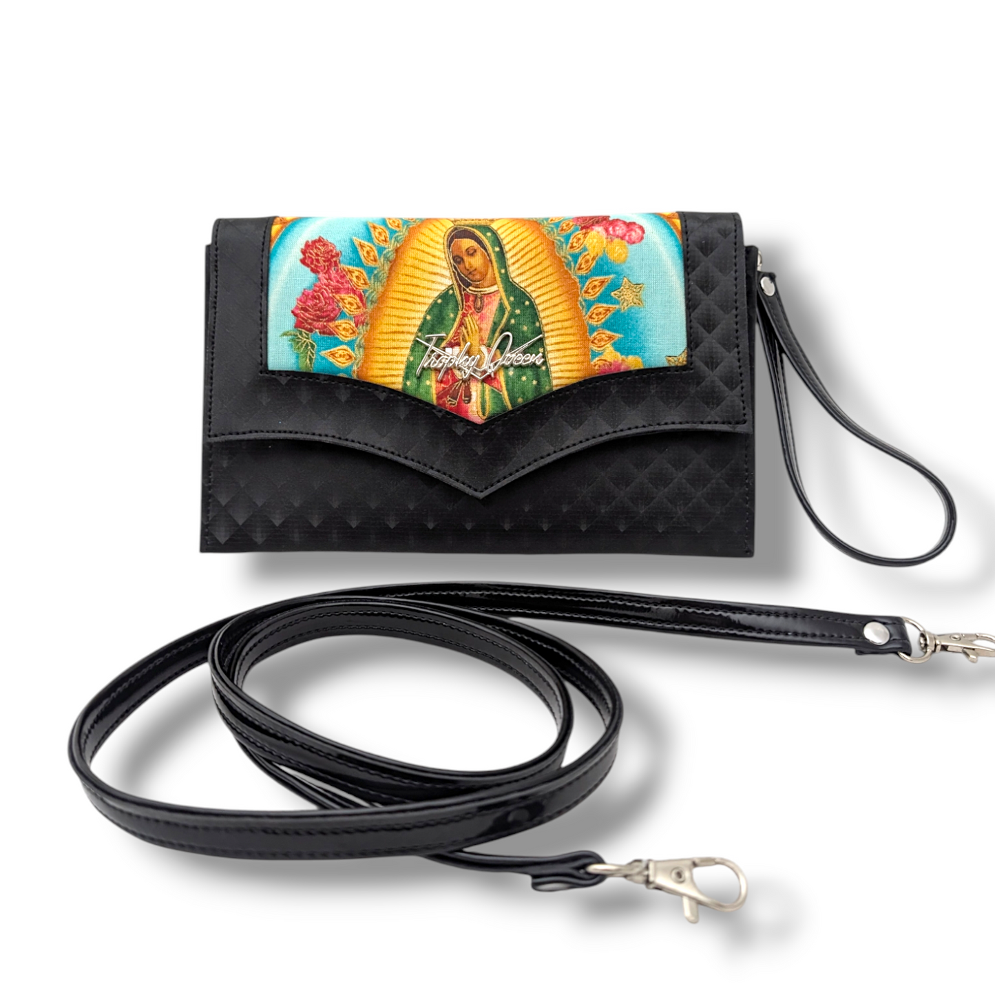 Marilyn Clutch - Virgin Mary /  Black Mirage - Leopard Canvas Lining