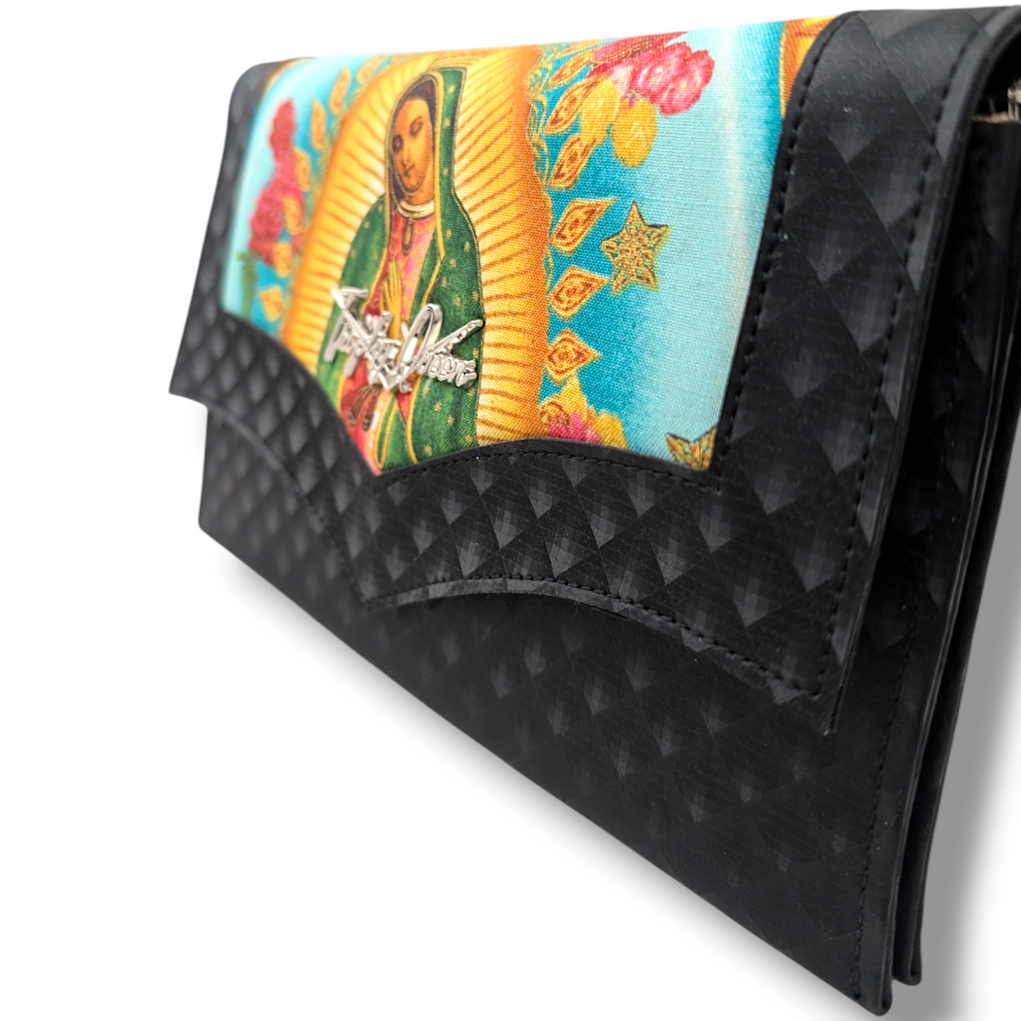 Marilyn Clutch - Virgin Mary /  Black Mirage - Leopard Canvas Lining