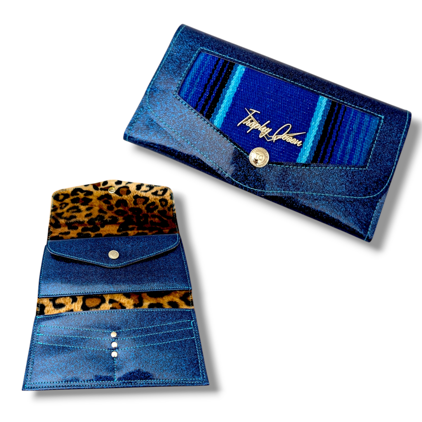 Large Snap Wallet - Blue Mex / Dark Blue Glitter - Plush Leopard Lining