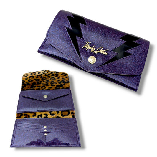 Large TCB Snap Wallet - Deep Purple Glitter with Black Bolts / Plush Leopard Lining