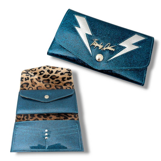 Large TCB Snap Wallet - Teal Glitter with Silver Bolts / Plush Leopard Lining