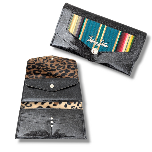 Large Snap Wallet - Turquoise Serape / Coal Black - Plush Leopard Lining