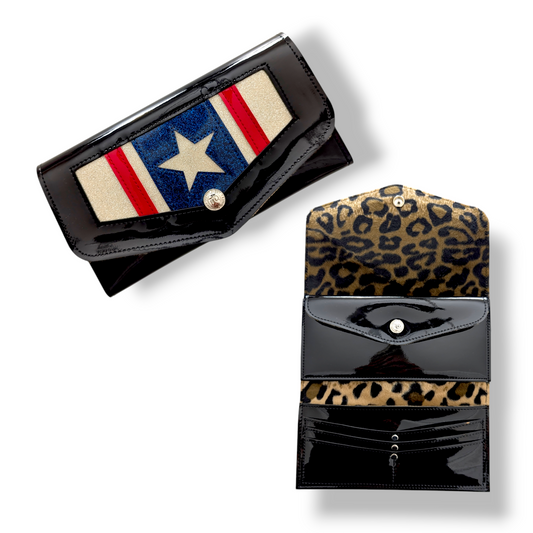 Large Snap Wallet - Black Stars & Stripes / Plush Leopard Lining