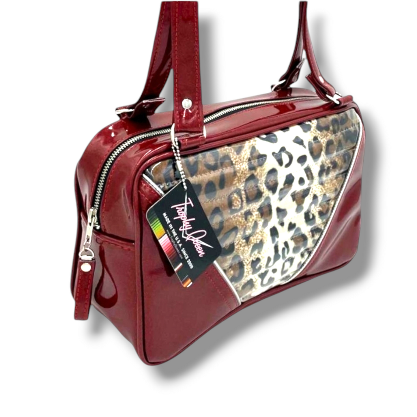 Comet Tote Bag - Leopard Print / Red Glitter Vinyl - Leo Lining