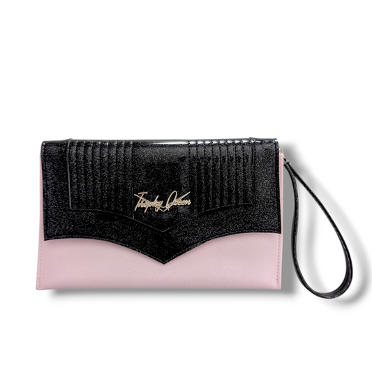 Marilyn Clutch - Powder Pink /  Coal Black Glitter - Leopard Lining