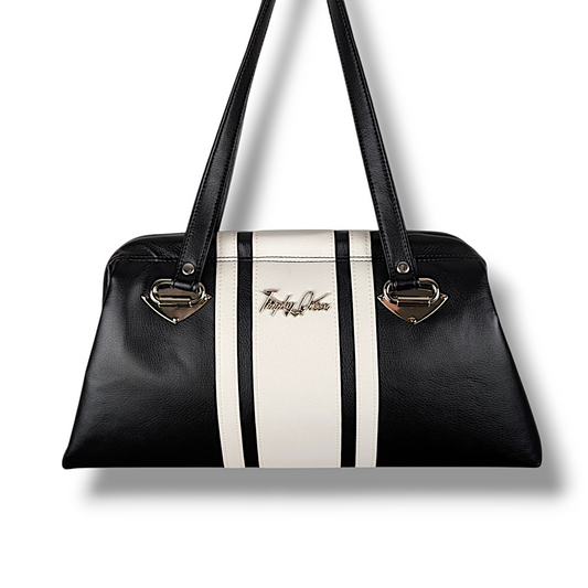 Dita Handbag with Racing Stripes  - Vintage Black with Pearl / Leopard Lining