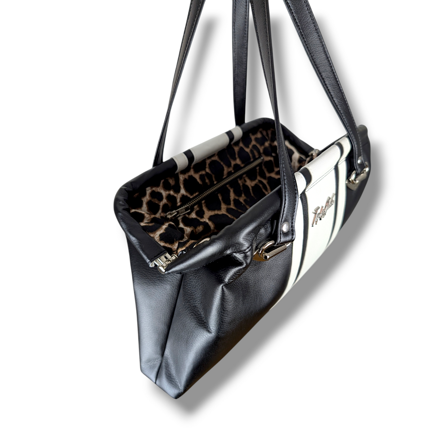 Dita Handbag with Racing Stripes  - Vintage Black with Pearl / Leopard Lining