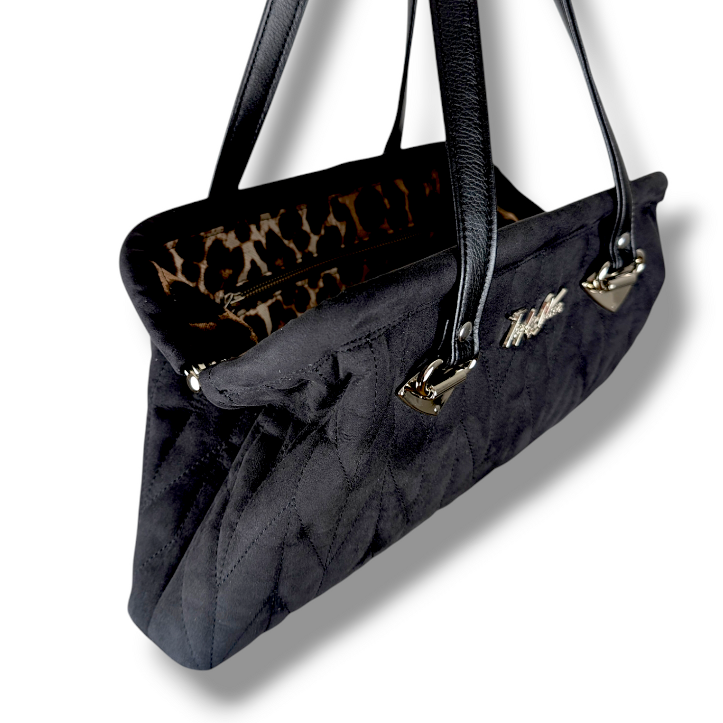 Dita Handbag with Firebird Pleating  - Black Ultra Suede / Leopard Lining