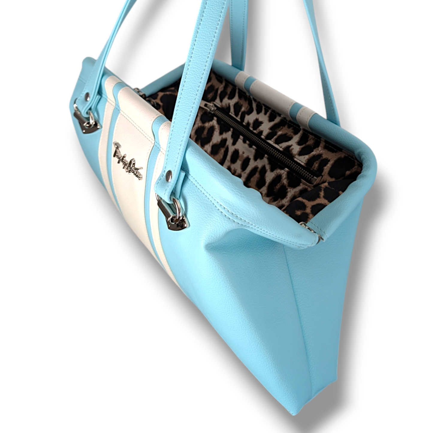 Dita Handbag with Racing Stripes  - Blue Heaven with Pearl / Leopard Lining