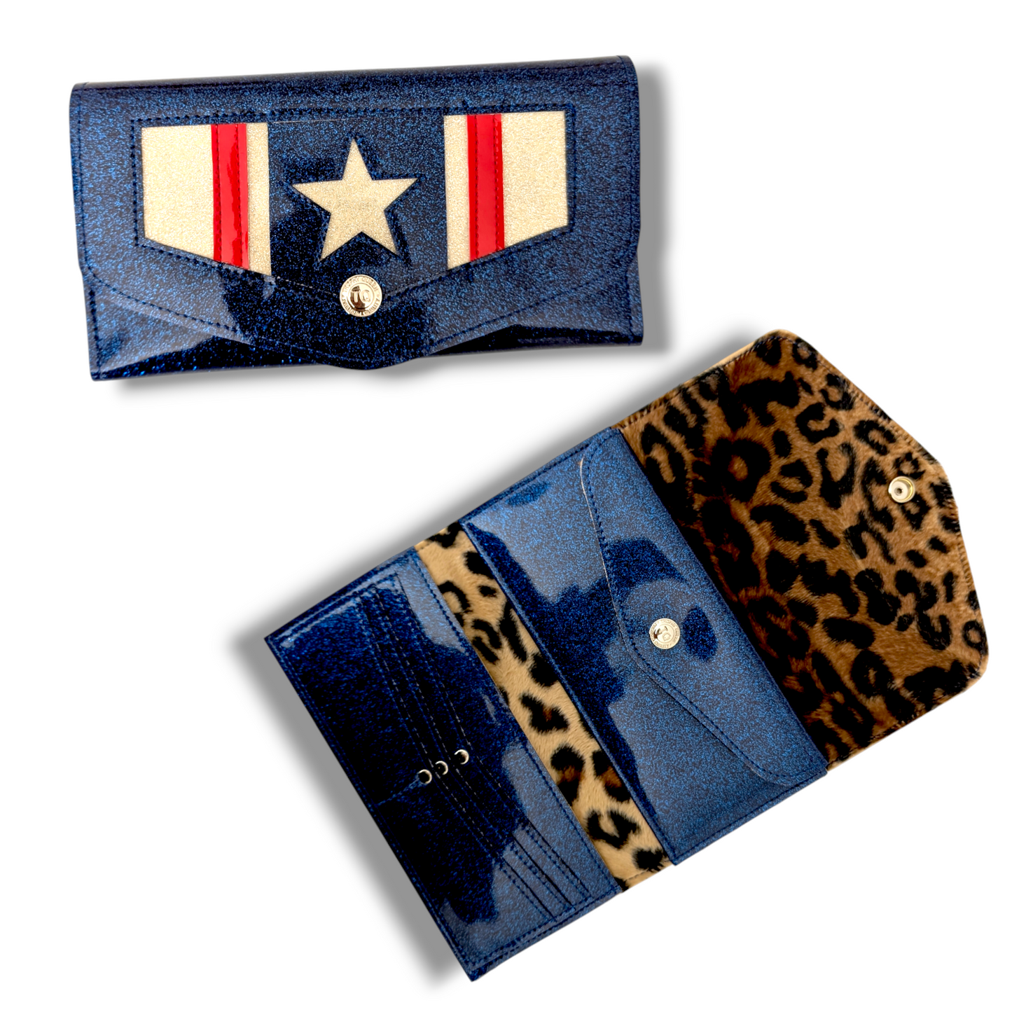 Large Snap Wallet - Blue Stars & Stripes / Plush Leopard Lining