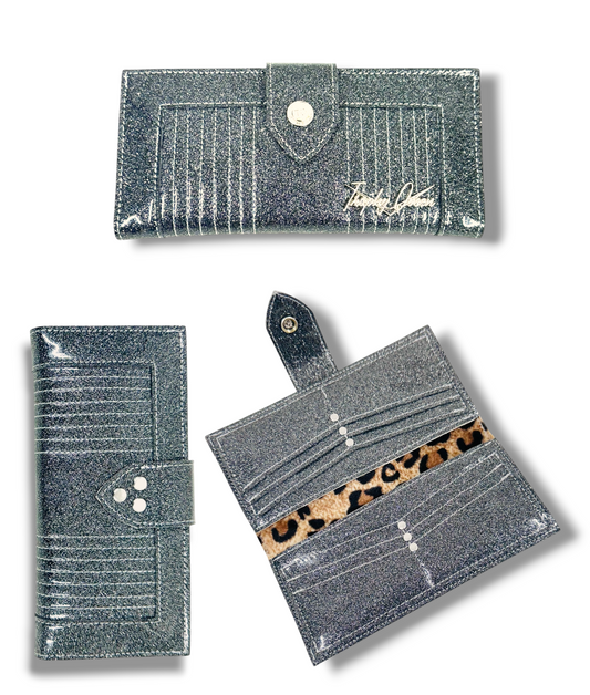 Long Card Wallet - Gray Glitter / Plush Leopard Lining