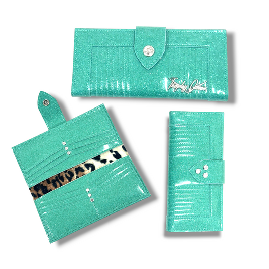 Long Card Wallet -  Sea Foam Green Glitter / Plush Leopard Lining