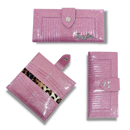 Long Card Wallet - Blush Pink Glitter / Plush Leopard Lining