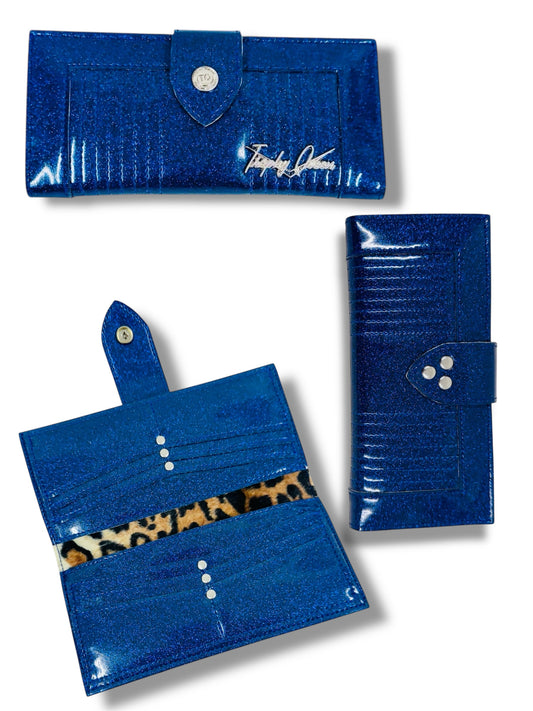 Long Card Wallet - Dark Blue Glitter / Plush Leopard Lining