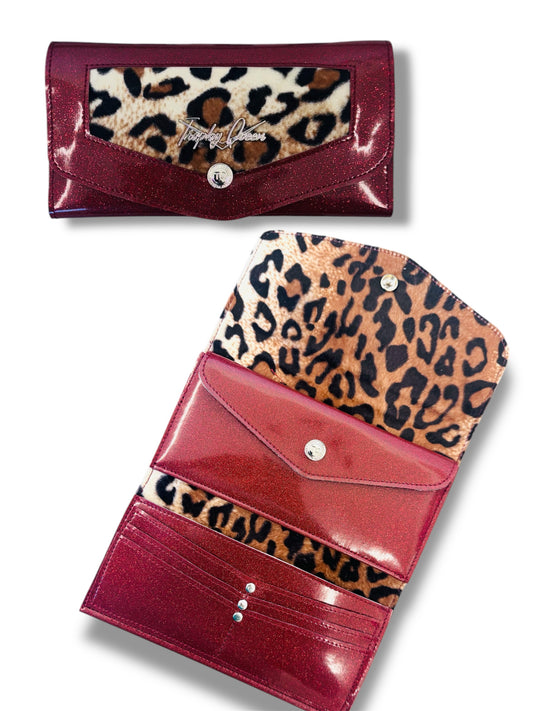 Large Snap Wallet - Red Glitter / Plush Leopard Lining