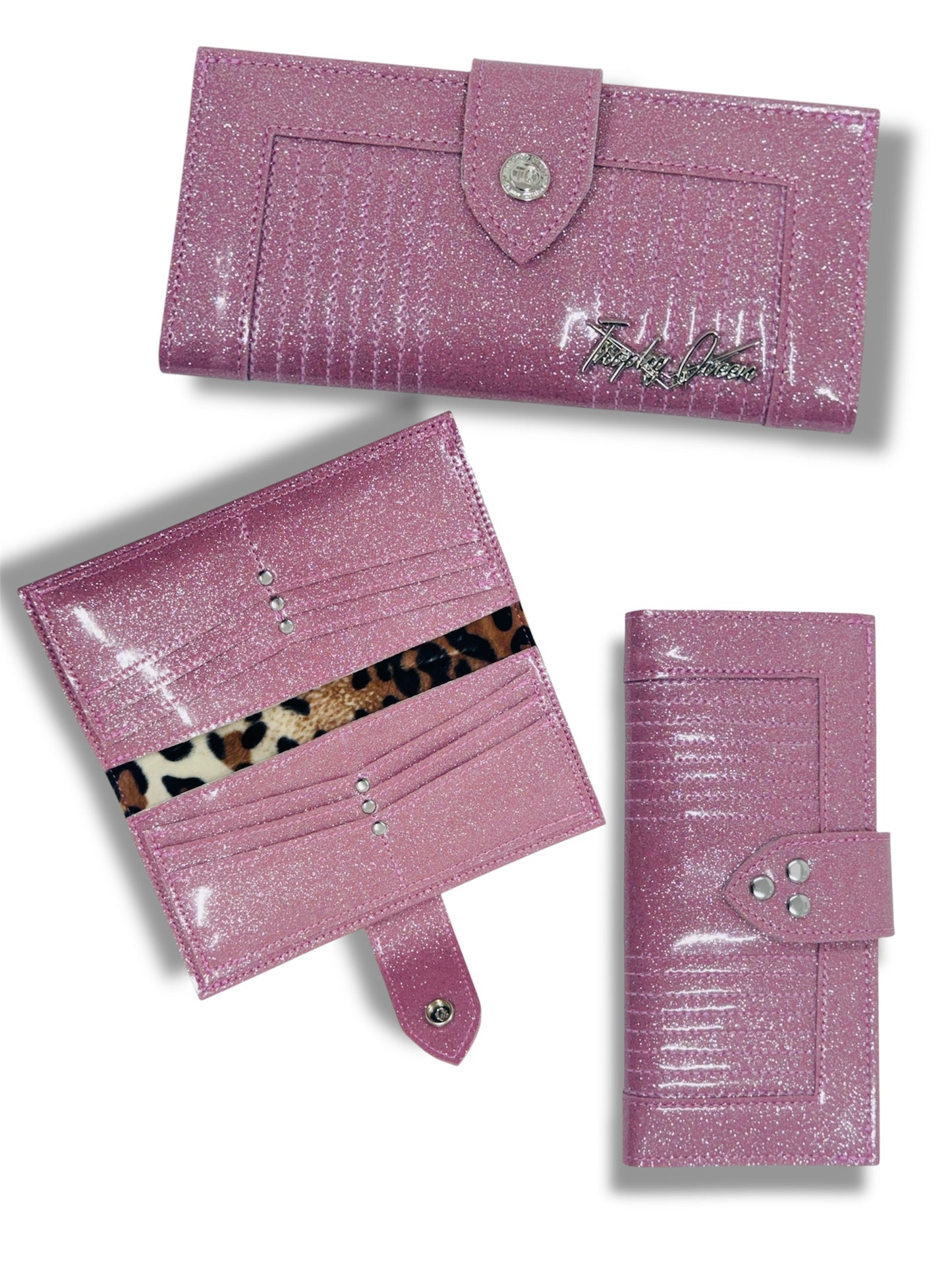 Long Card Wallet - Blush Pink Glitter / Plush Leopard Lining