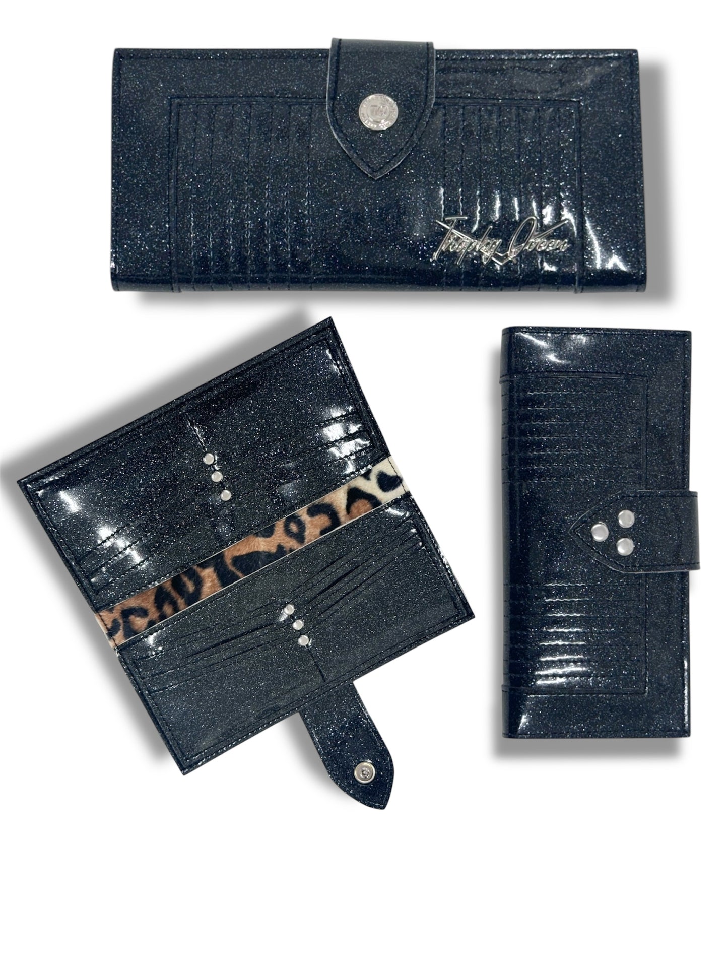 Long Card Wallet - Coal Black Glitter / Plush Leopard Lining