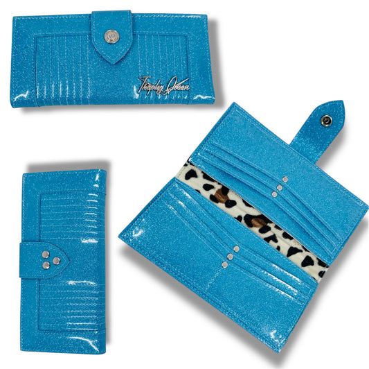 Long Card Wallet - Sky Blue Glitter / Plush Leopard Lining