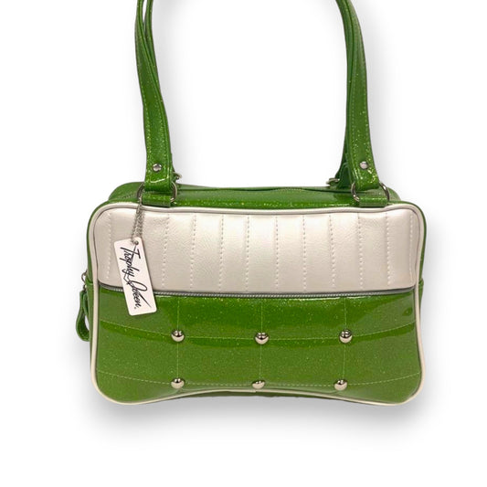 Lincoln Tote - Lime Green Glitter Vinyl / Pearl White - Leopard Lining